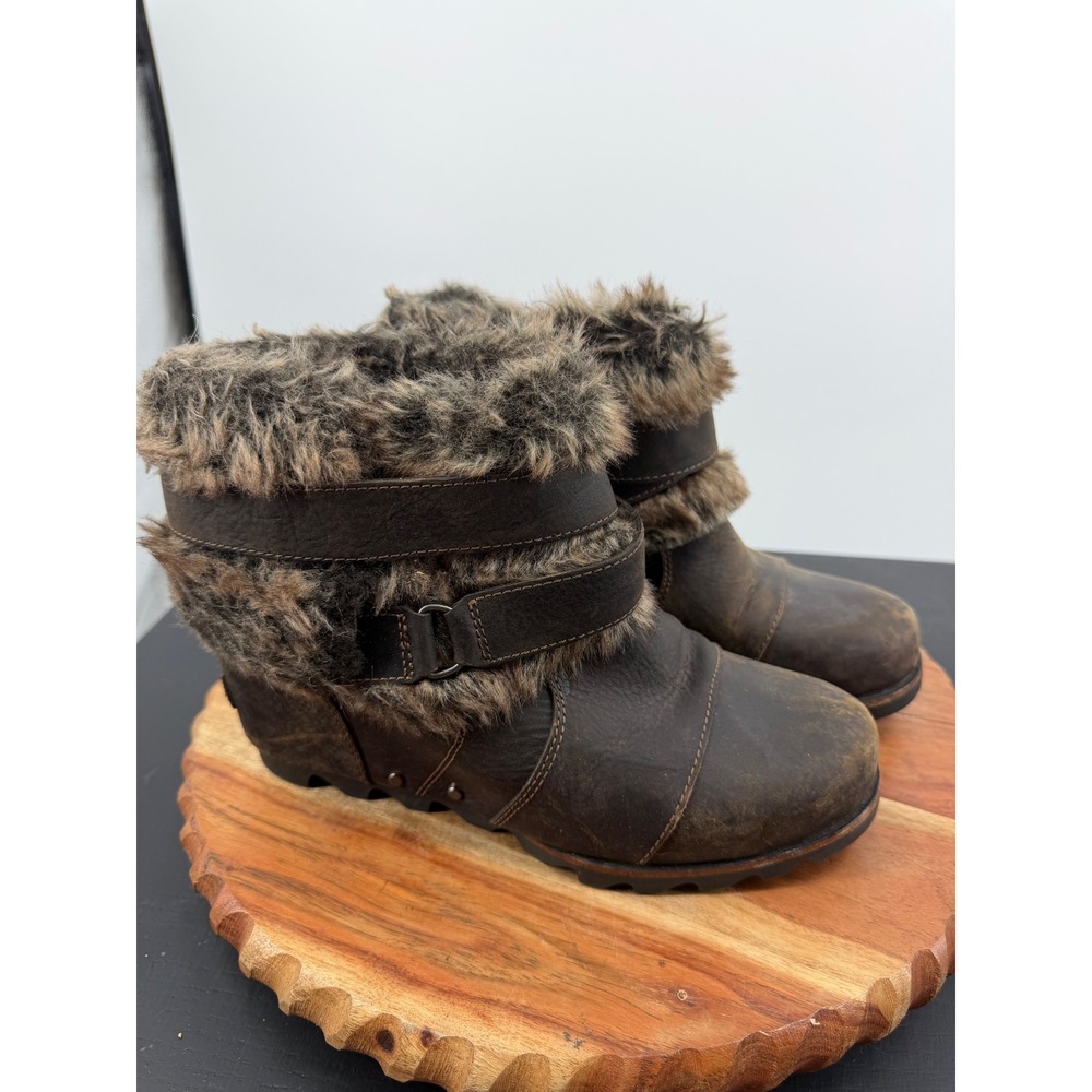 Sorel Joan of Arctic Wedge Ankle Boots Women 8.5 Brown Faux‎ Fur NL1984-202